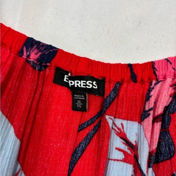 Express Red Cropped Top w/ Blue Botanical Print Flared Sleeve Elastic Boat Neck - Picture 6 of 7